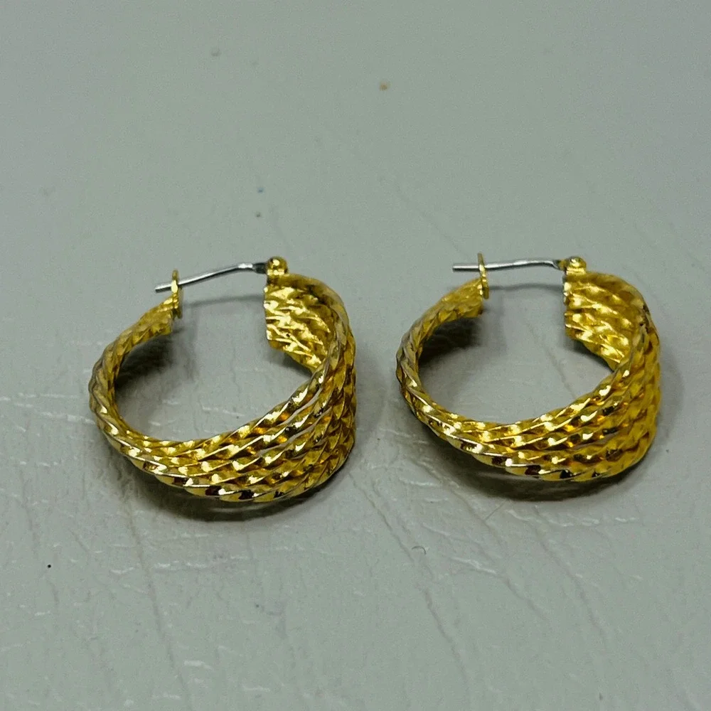 Gold Tone Twisted Multi‎ Strand Hoop Earrings Textured Basketweave Style